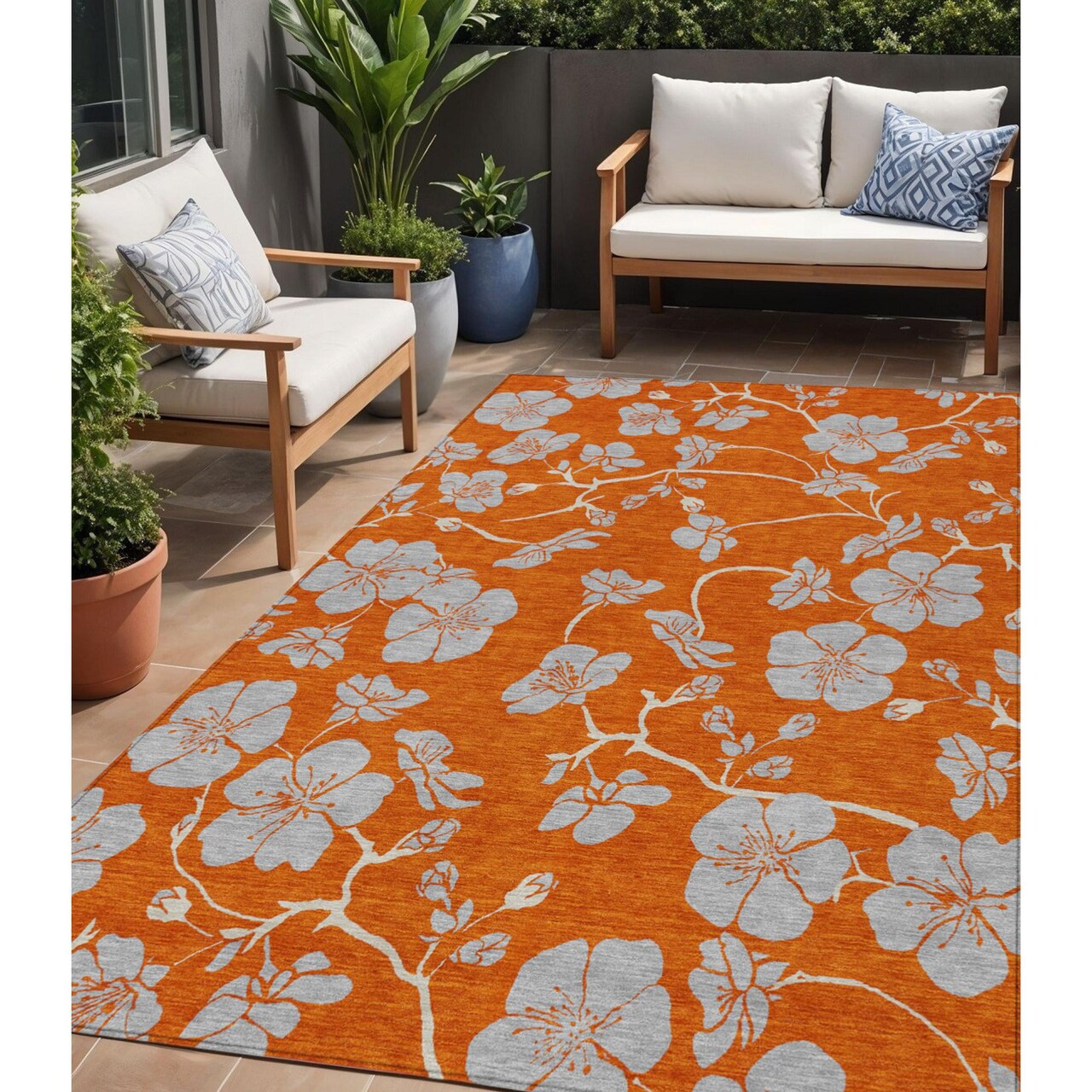 Edge Collections - 5' x 8' - Orange - Washable Area Rug Floral Indoor and Outdoor Use - 1 Piece